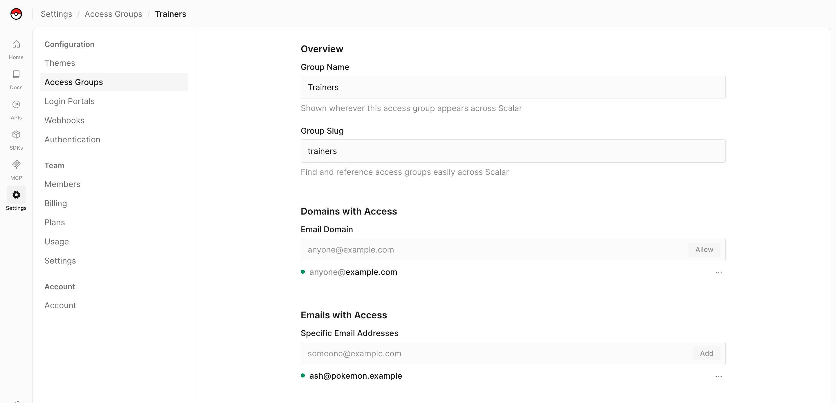 An access group that allows an email domain and a specific email address