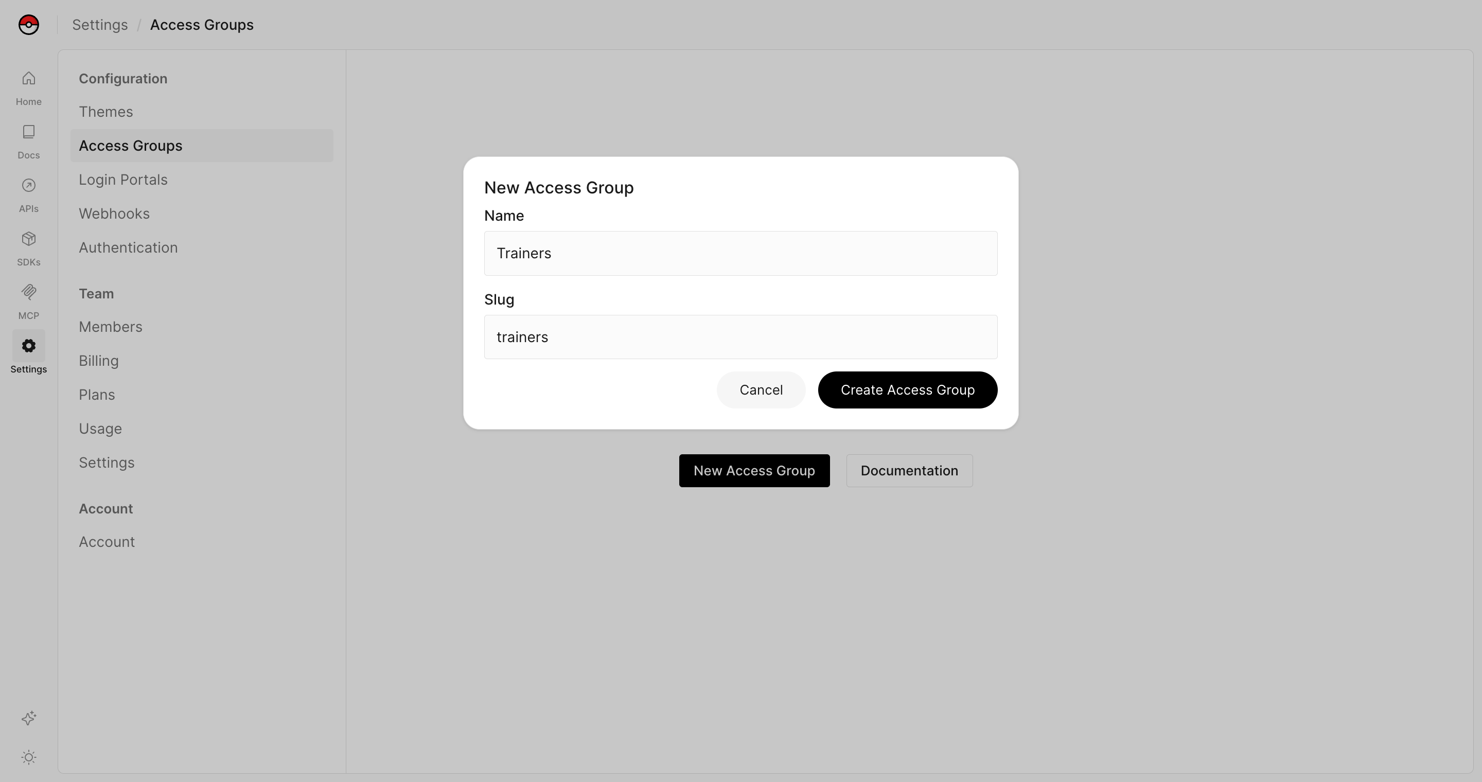 The Access Groups settings page with the New Access Group dialog open