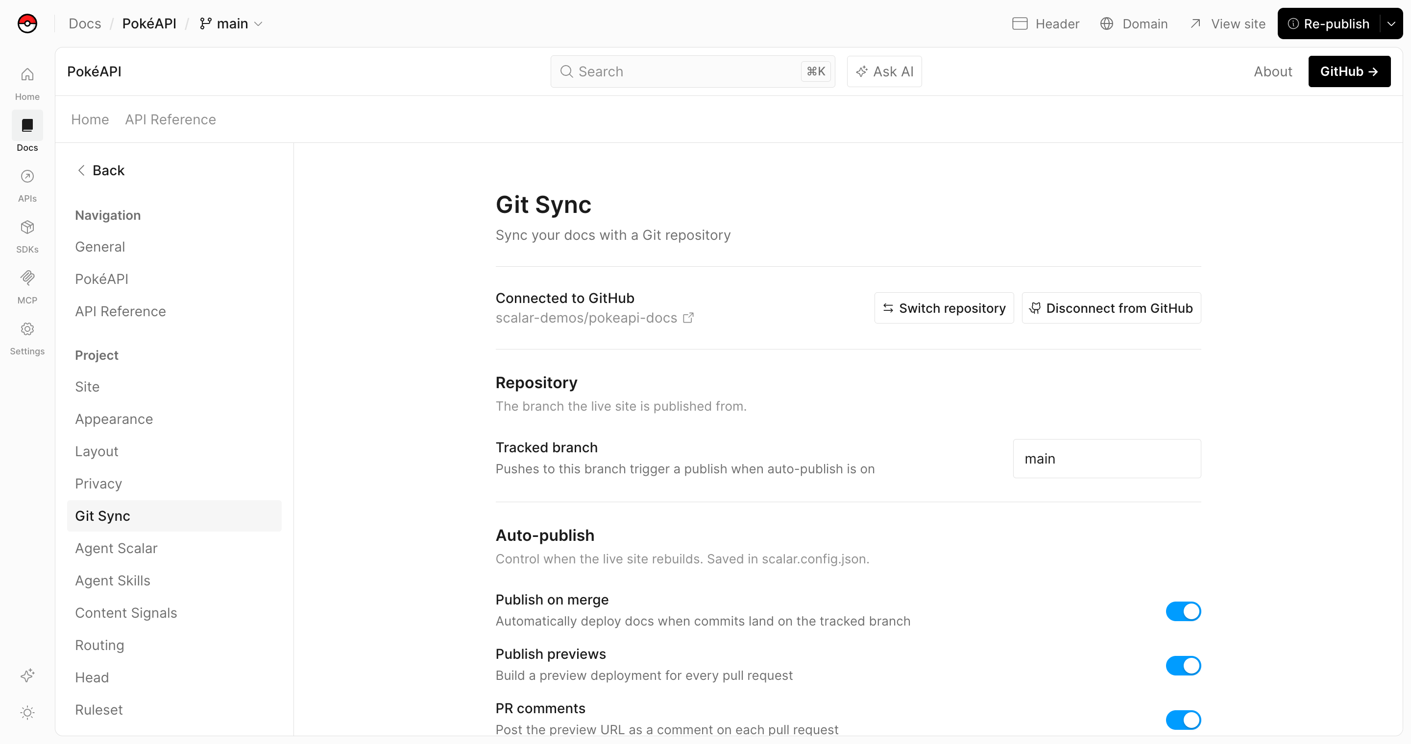 Settings → Git Sync in the editor, showing the connected GitHub repository, the tracked branch, and the auto-publish toggles