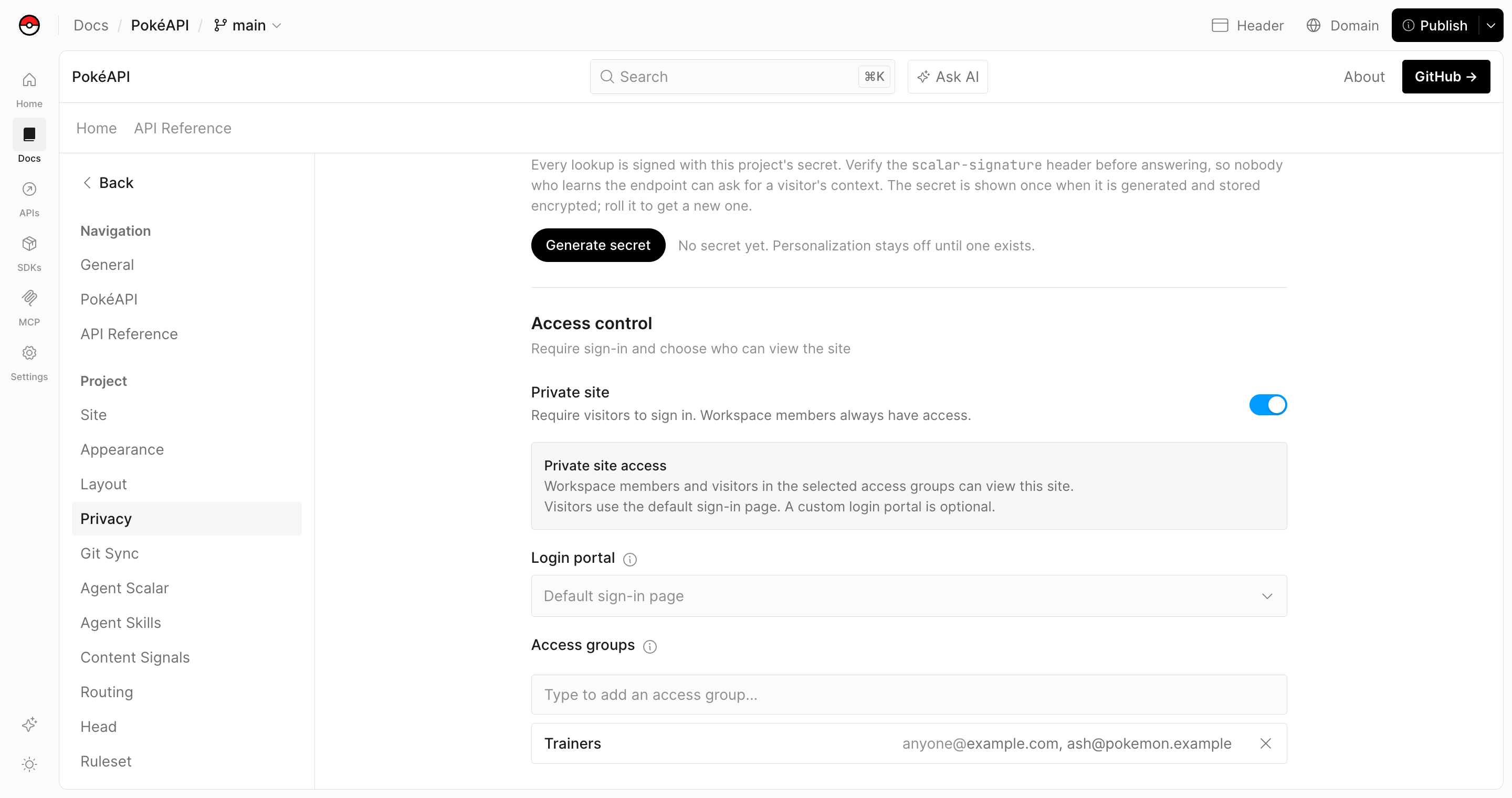 Settings → Privacy in the editor, with Private site turned on and an access group selected