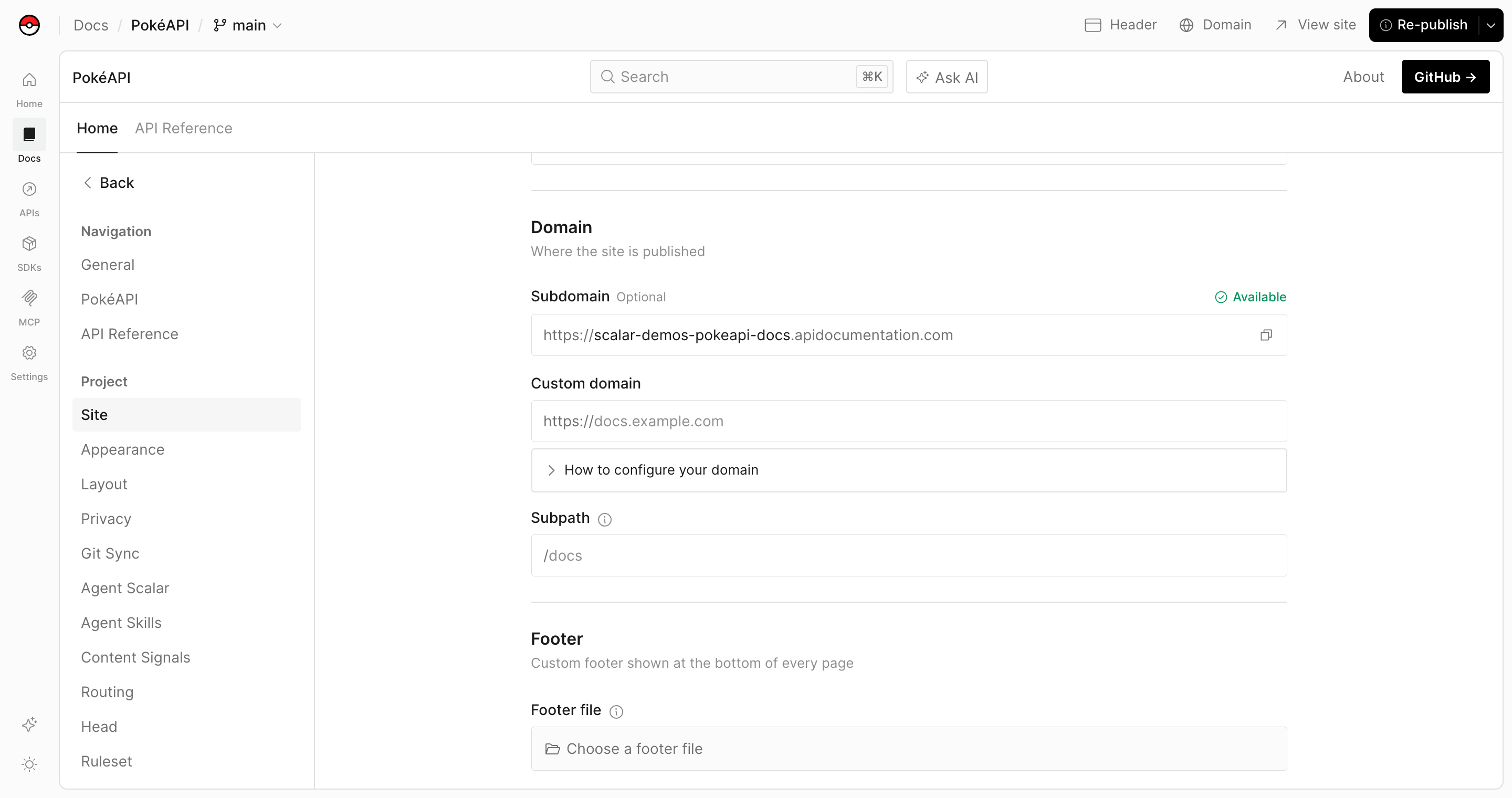 Settings → Site in the editor, with the site's subdomain, custom domain, and subpath