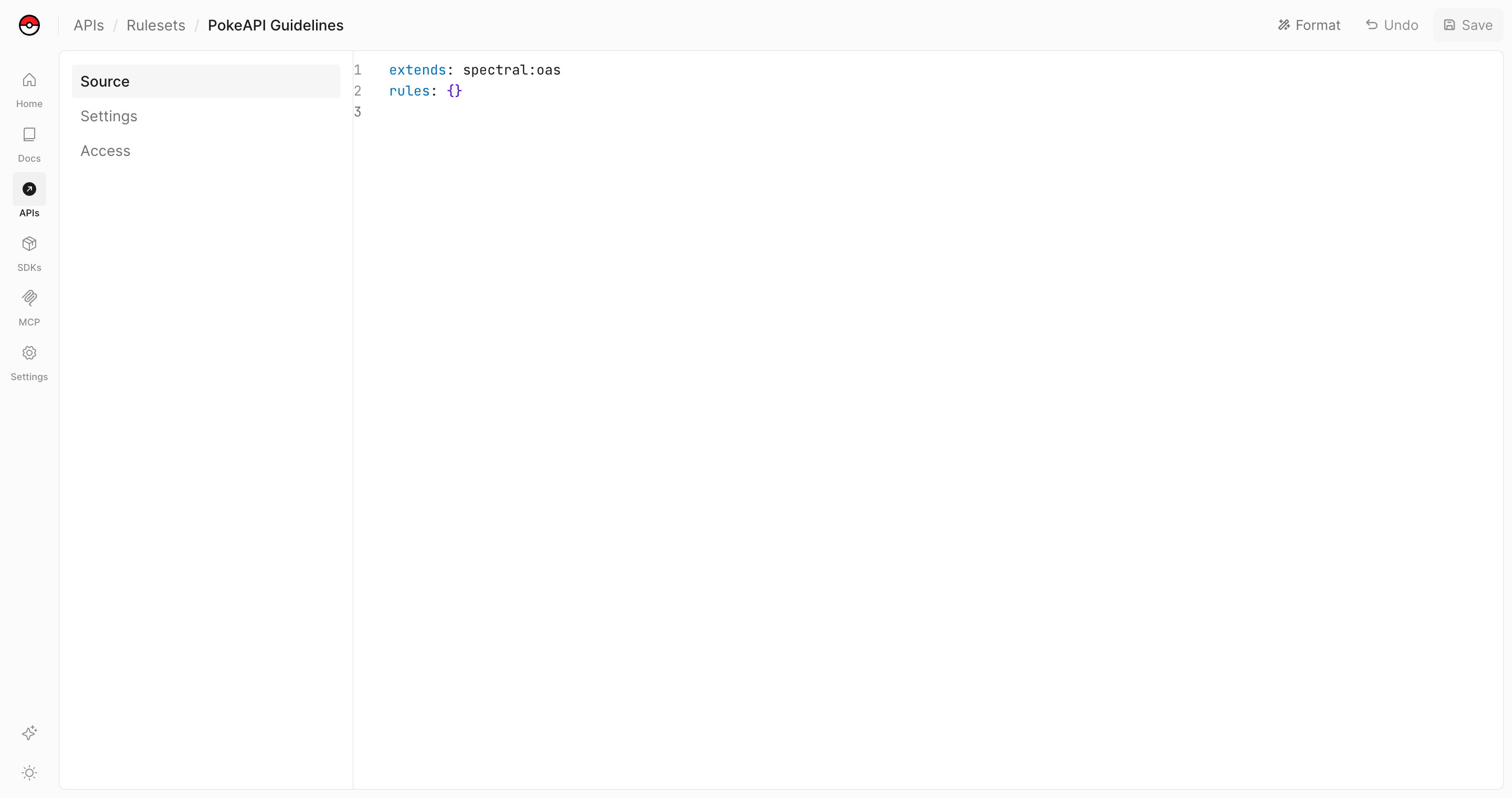 A new ruleset's Source page, showing the default ruleset that extends spectral:oas