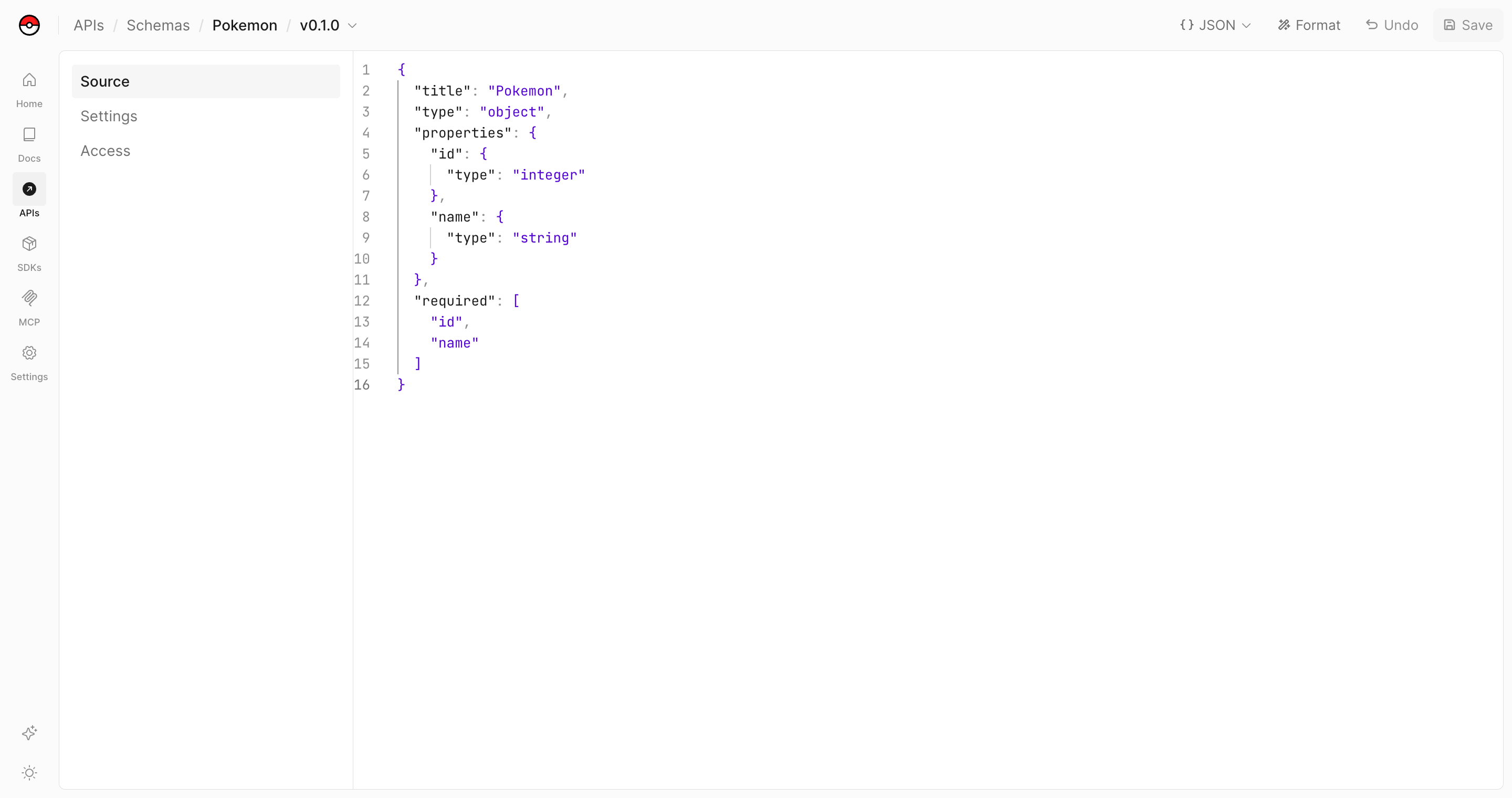 A schema's Source page, showing the JSON Schema in the editor