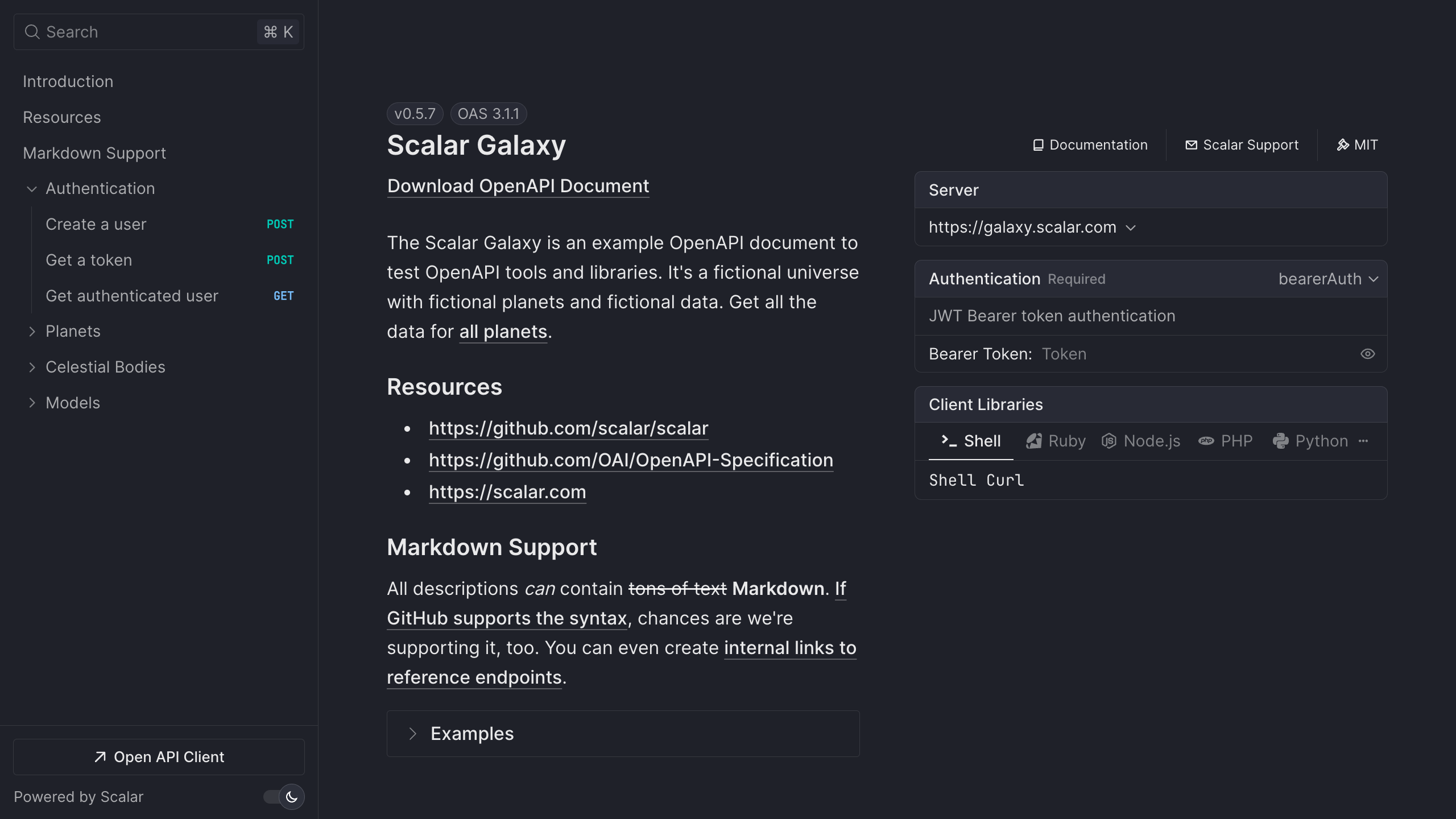 Scalar API reference rendered by the FastAPI integration