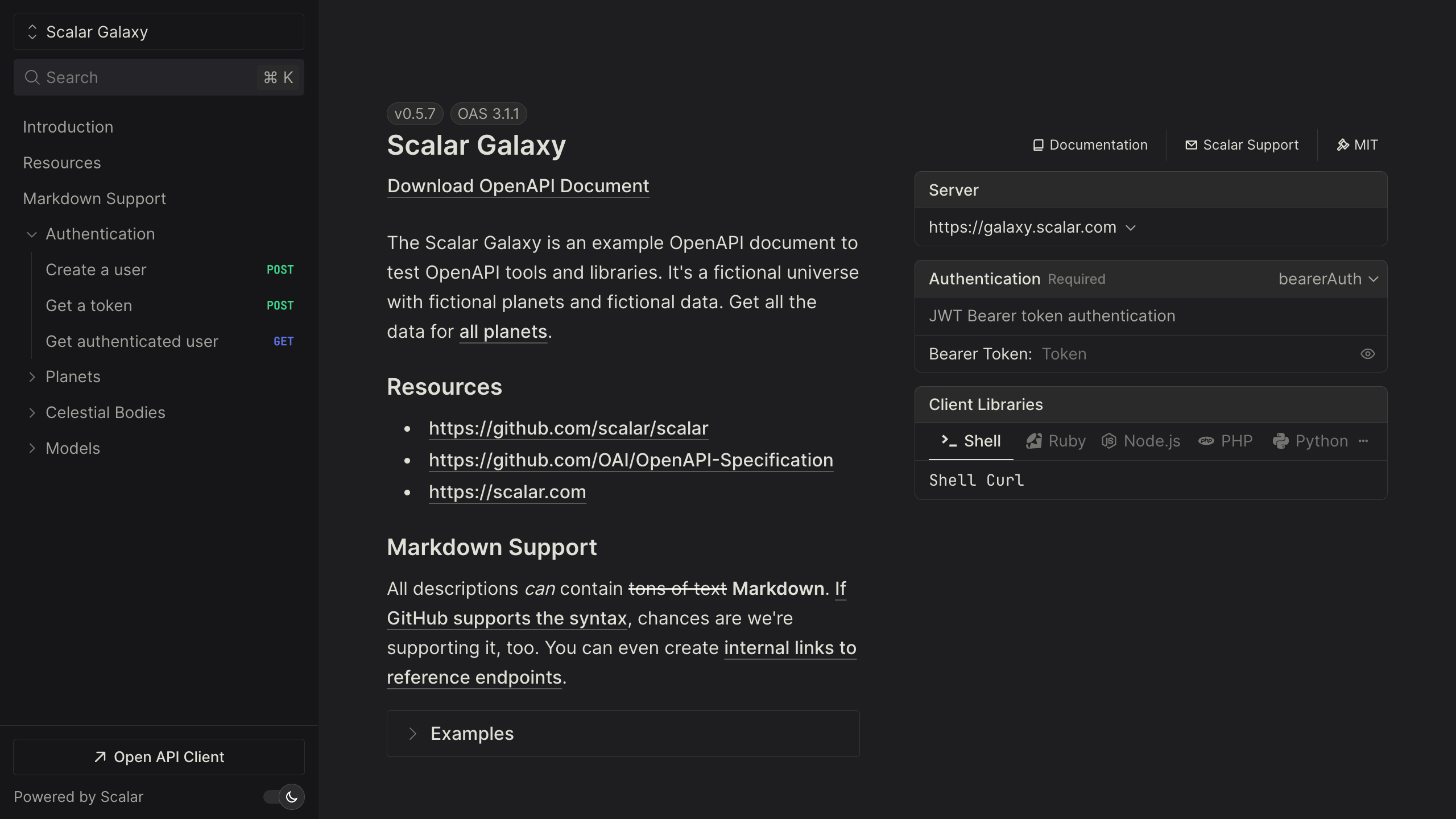 Scalar API reference rendered by the Hono integration