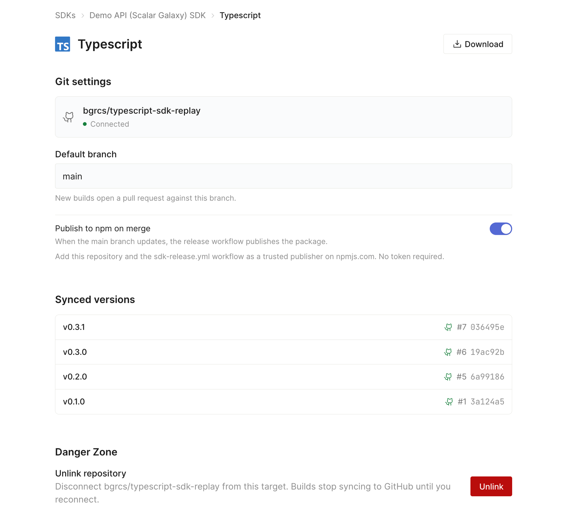 Git settings for a target, showing the connected repository, default branch, publish toggle, and synced versions